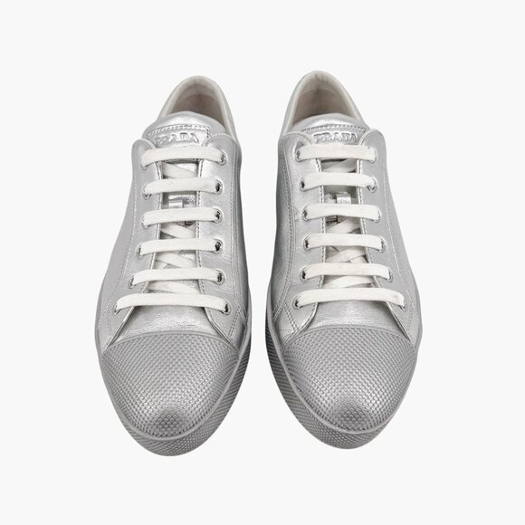 Prada Cap Toe Low Top Sneakers Size 41 US 11 Metallic Silver Leather Logo Shoe - Picture 2 of 14